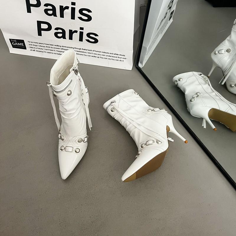 Soleist High Thin Heeled Ankle Boots for Women Metal Decor Rivet Fringed Zip Ppinted Toed Motorcycle Lady Booties Women Shoes
