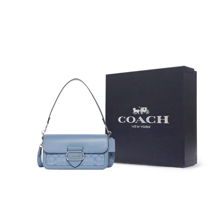 Coach Morgan 27 Classic Monogram Buckle Closure Chambray Leather And Fabric Tote Shoulder Bag Medium Women bags Light-Blue CH137-SVM6A