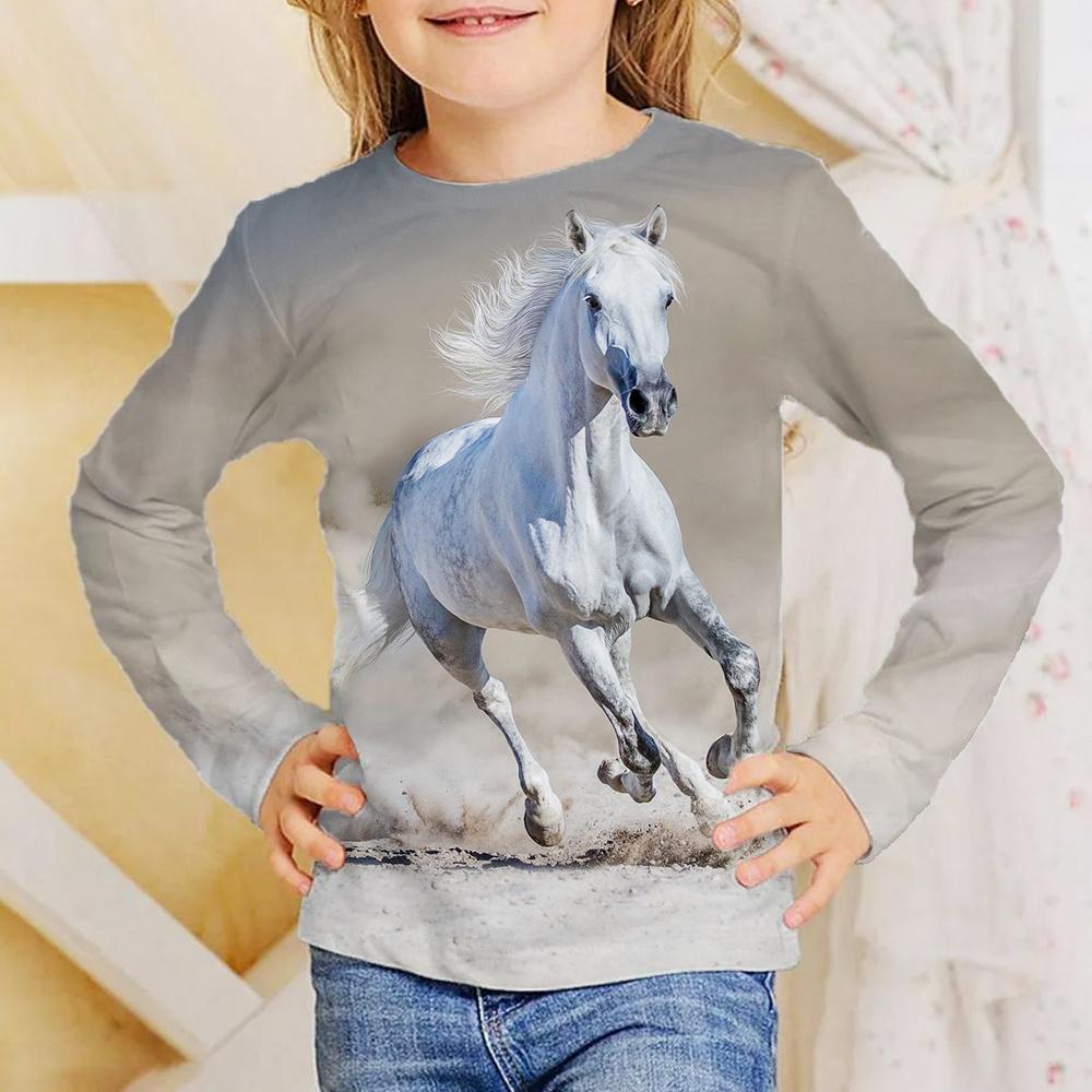 No. 11 Fashion Meisjeskleding Meisjes T-shirt Lange Mouw 3D Paard Kinderen Herfstkleding Stijlvolle Casual Kinder Tops Ronde Hals Kind Jongenskleding 170