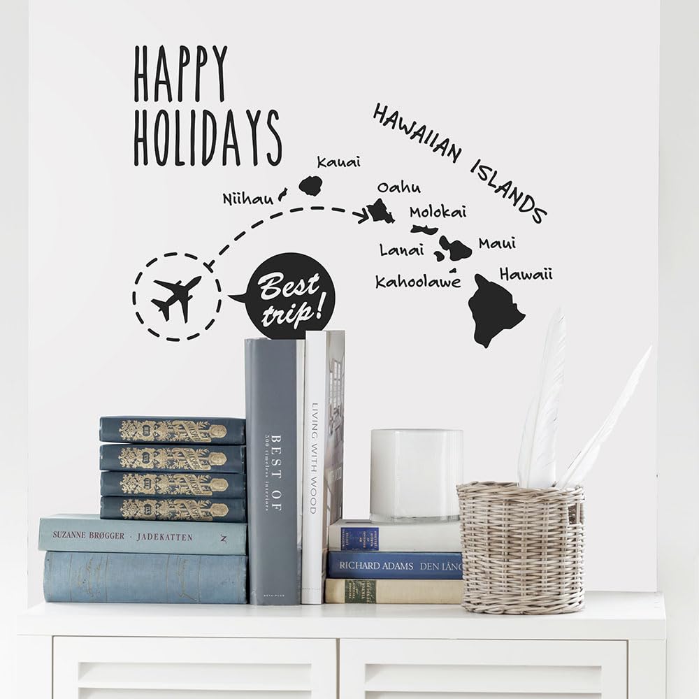 

Wallpaper Revolution Wall Made in 44cm x 60cm HAPPY HOLIDAYS in Sticker, Monotone, Monochrome, Map, Airplane, Hawaii, Japan, (JBW1037 Hawaii) чорний