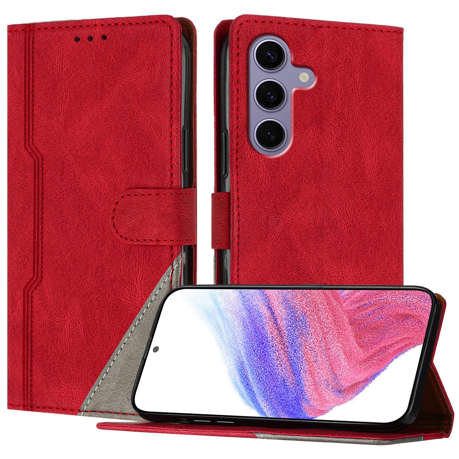 

For Samsung Galaxy S25 Leather Case Triangle Patchwork Wallet Stand Shockproof Phone Cover Red