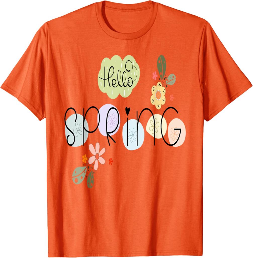 Hello Spring Flowers Graphic Tee Casual Cotton Short Sleeve T-Shirt Daily Wear
