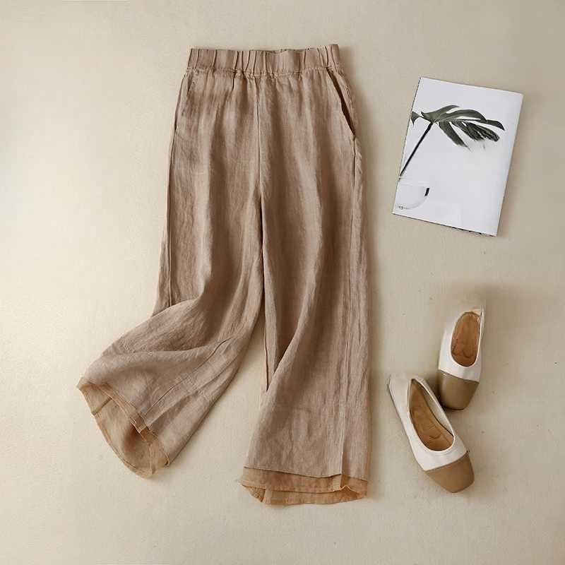 

Linen wide leg cropped loose women s summer pants 3XL абрикосовий