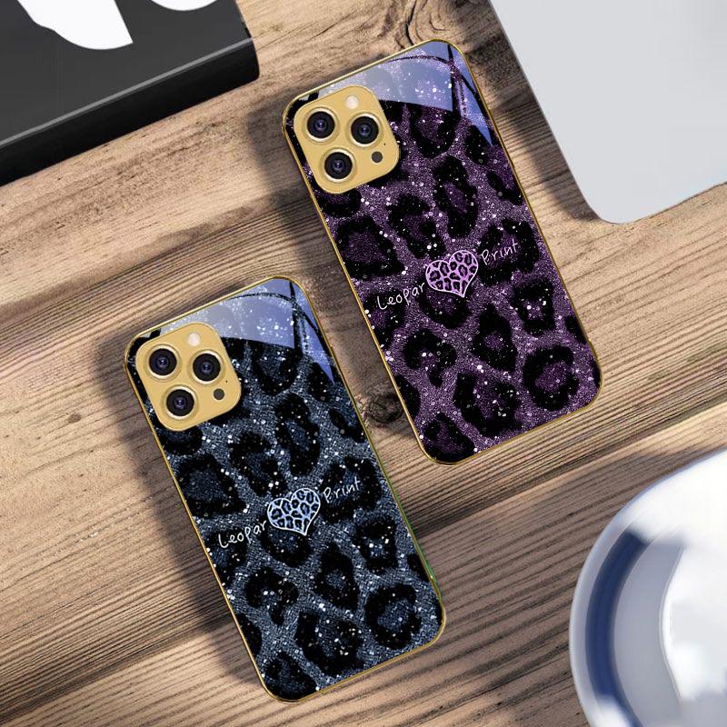 Leopard Spotted Love Green For IPhone 16 Pro Max 15 P Ro 14 13 Plus 12 Mini 11Pro Max XS Max XR Golden Tempered Glass Phone Case