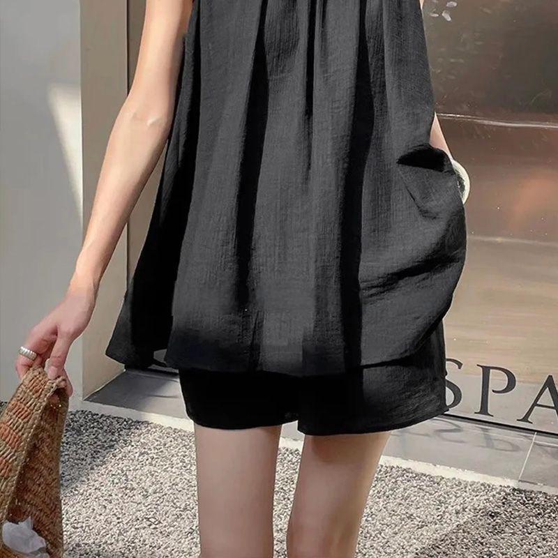 

Summer Cotton Linen Vest & Shorts - Retro Artistic Two-Piece Women s Set M (80-105 lbs)