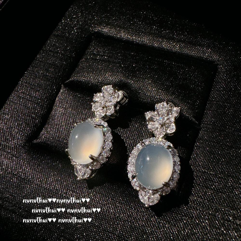 Lychee Frozen Egg-Shaped White Chalcedony Iris Gem Necklace, Water Spirit, Concubine Smile White Chalcedony Flower Earrings