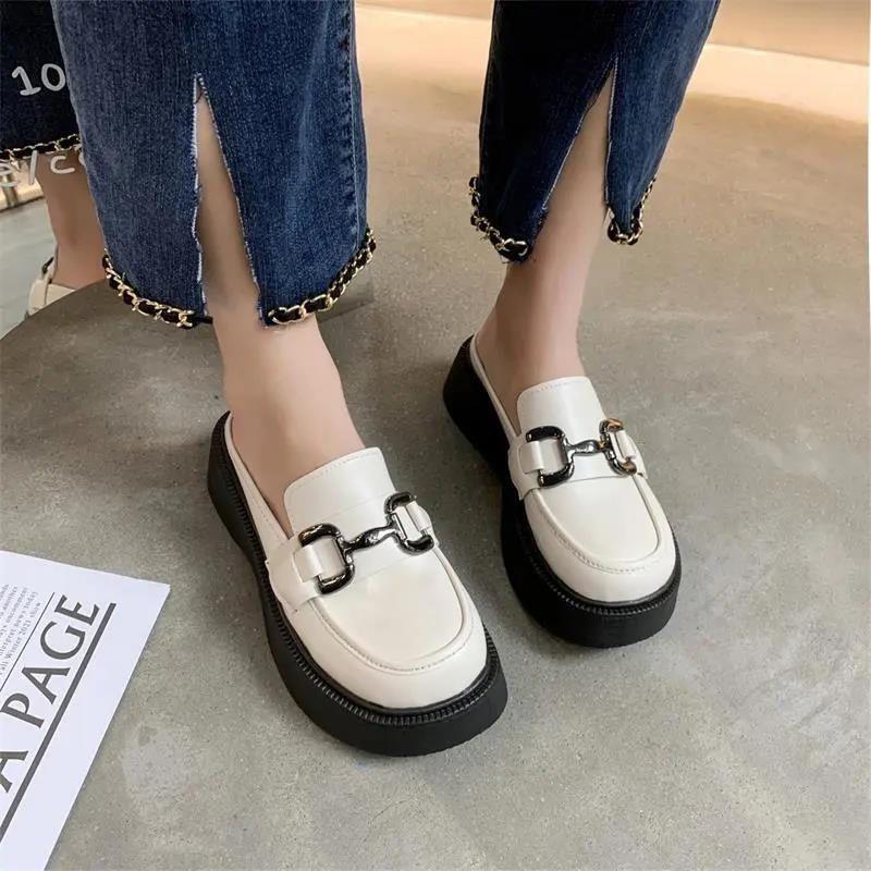 thick-soled bag head half slippers women's summer wear 2025 new small leather shoes one pedal retro British loafers