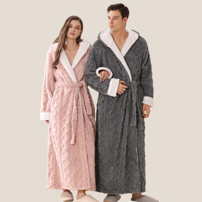 B2W Digital Mens Womens Flannel Robe Hooded Fleece Bathrobe Thick Warm Winter Loungewear