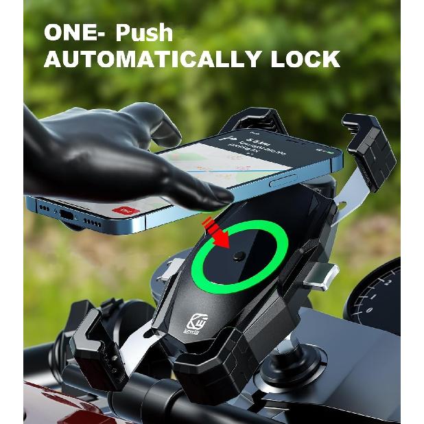 Kewig Motorcycle Fork Stem Phone Mount With Qi 15W Wireless Charger & USB C 20W Fast Charging Port, One-Push Automatically Lock & Quick Release