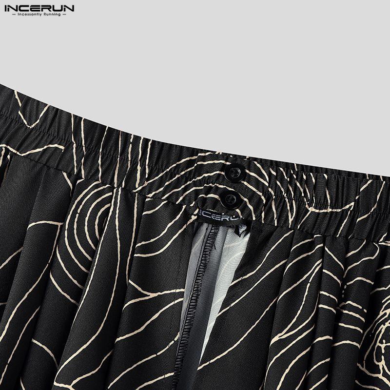 INCERUN Men Elastic Waist Print Ruffled Splits Bohemia Holiday Irregular Long Skirts