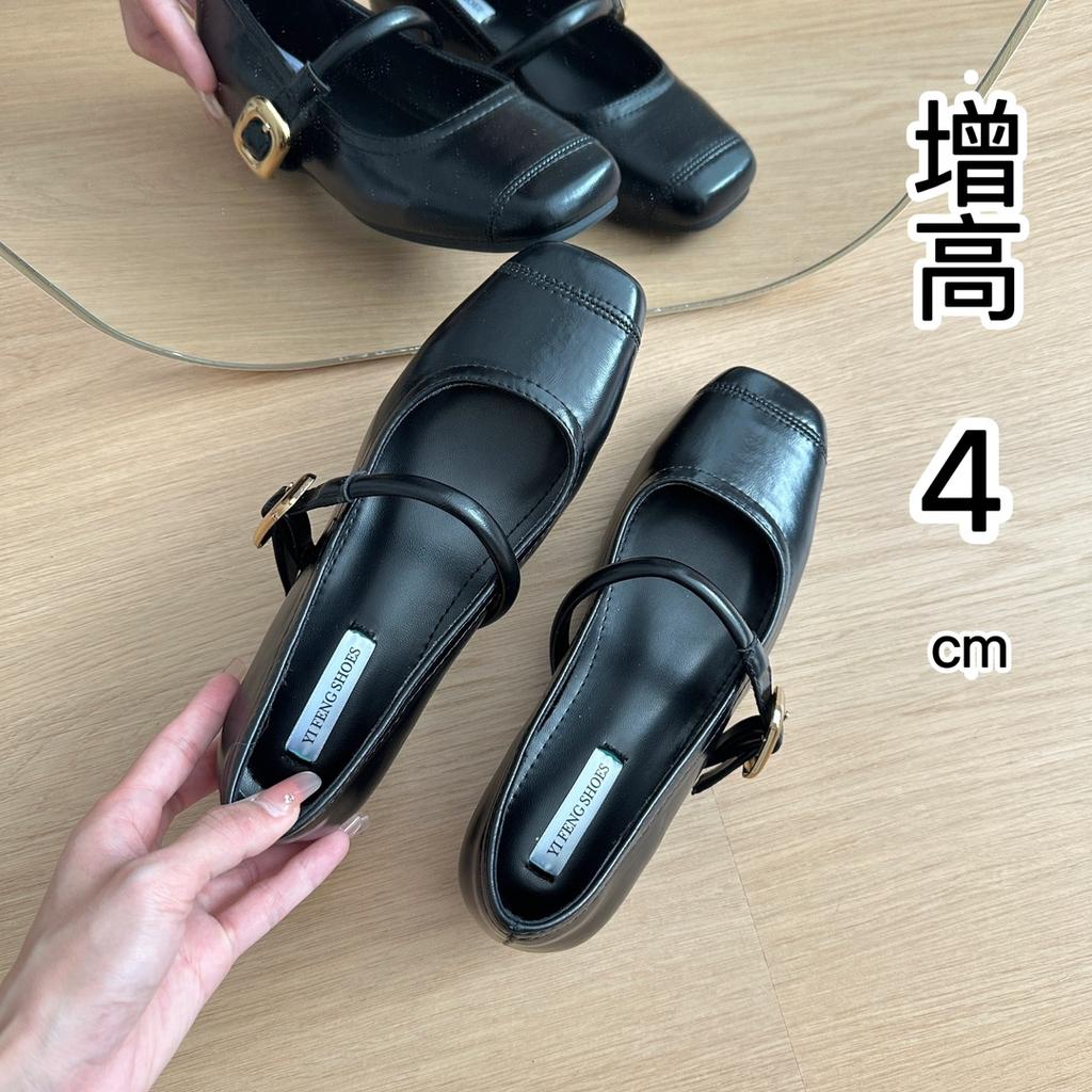 Retro soft leather heightened by 5 cm Mary Jane women's shoes one-word buckle belt square head shallow mouth evening breeze elegant single shoes