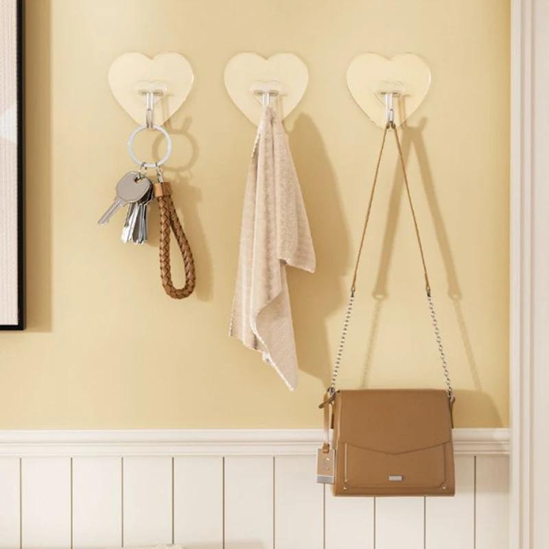 Heart Shape Transparent Hooks Non Punching Plastic Love Hangers Holder Self Adhesive Key Towel Multi-Purpose Hooks Storage Rack