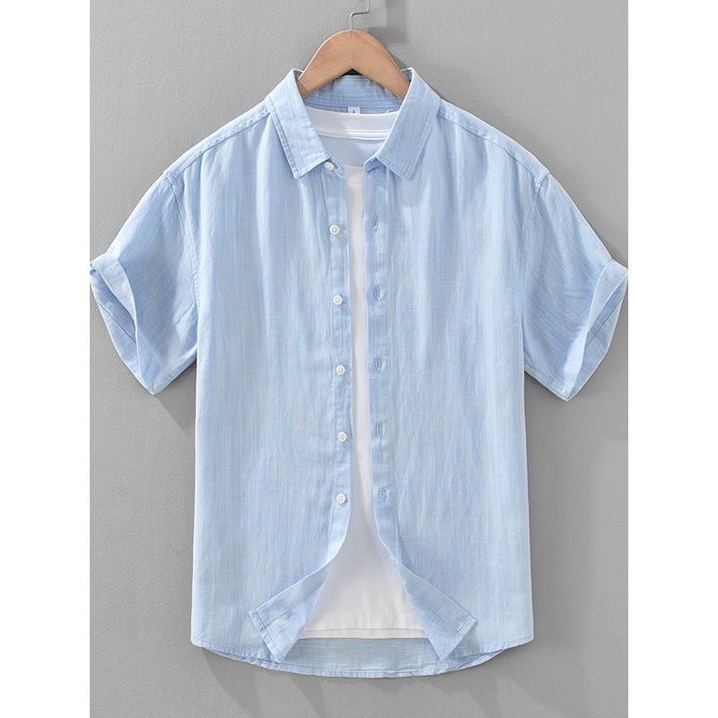 Foreign Trade Surplus Summer New Solid Color Linen Short-Sleeve Shirt for Men, Loose Casual Shirt, Lyocell Ice Silk Top