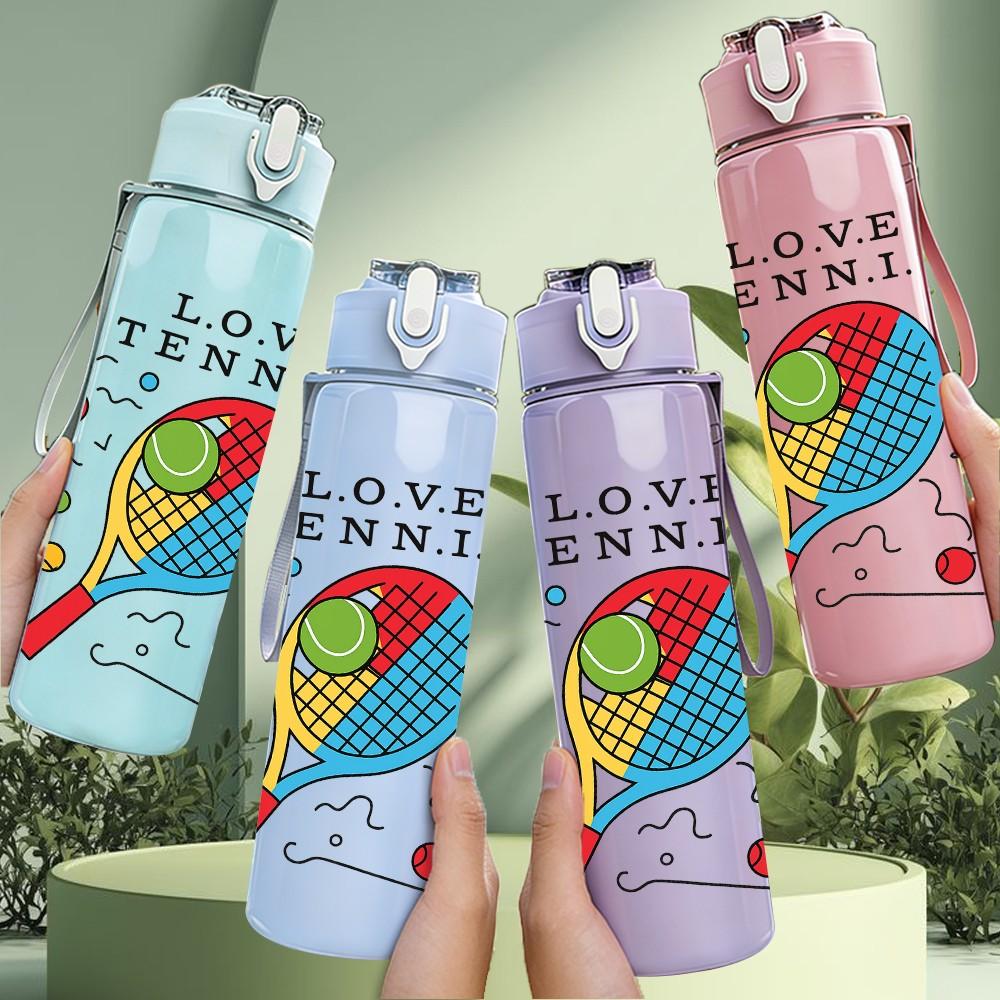 1PC Love Tennis Racket Pattern 750ml Color Plastic Sports Water Bottle Leakproof Flip Straw Lid Suitable for Sports Office Home Use