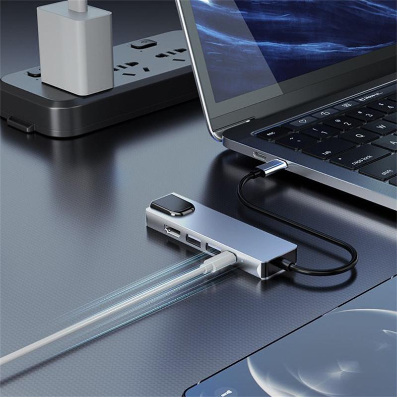 5 viename USB C šakotuvas C tipo į 4K suderinamas adapteris RJ45 tinklas 100M Ethernet LAN įkroviklio prievado adapteris MacBook Pro