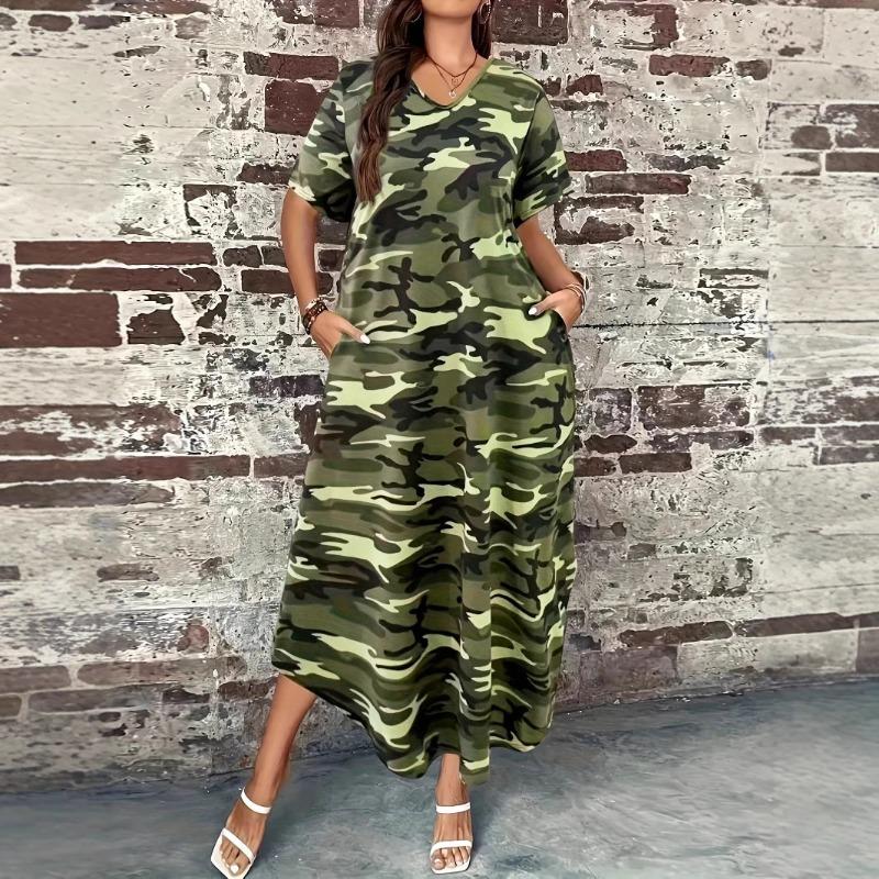 Women's Camouflage Print Dress Spring/summer Round Neck Short-sleeved Comfortable Casual Dress