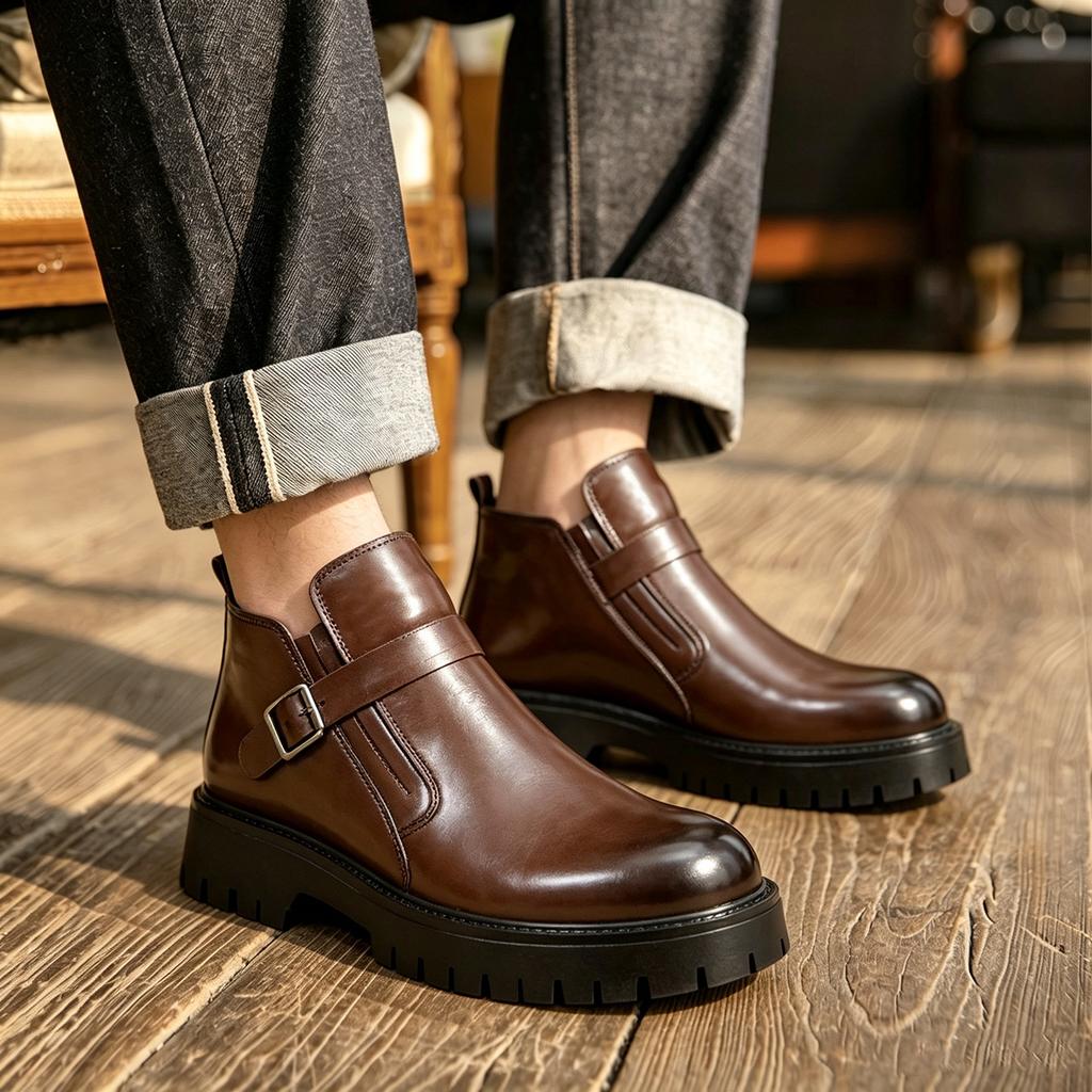 Leather Boots Men's Martin Boots Thick Heel Platform Short Boots Men's Retro Big Head Boots Men's