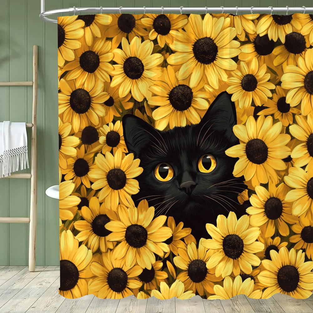 Cartoon Cat Shower Curtain, Bathroom Decorative Flowers Shower Curtains, Home Printed Polyester Fabric Curtain with Hooks