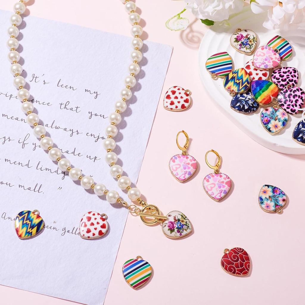 Craftdady 48 Stück Emaille Herz Anhänger Blume Regenbogen Streifen Leopard Muster Herz Metall Anhänger Bunte Legierung Valentinstag Herz Anhänger für