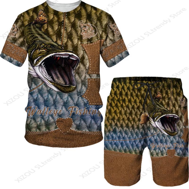 Letná móda Pánske Pike Fishing 3D celoplošné maskáčové tričko a šortky Tepláková súprava Unisex Ležérne Športové oblečenie Tričká/Šortky/Súprava