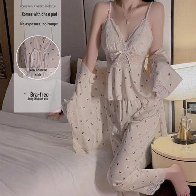 Guiruo Satin Lace Deep V Trousers with Chest Pad & New Chinese Style Outer Robe 