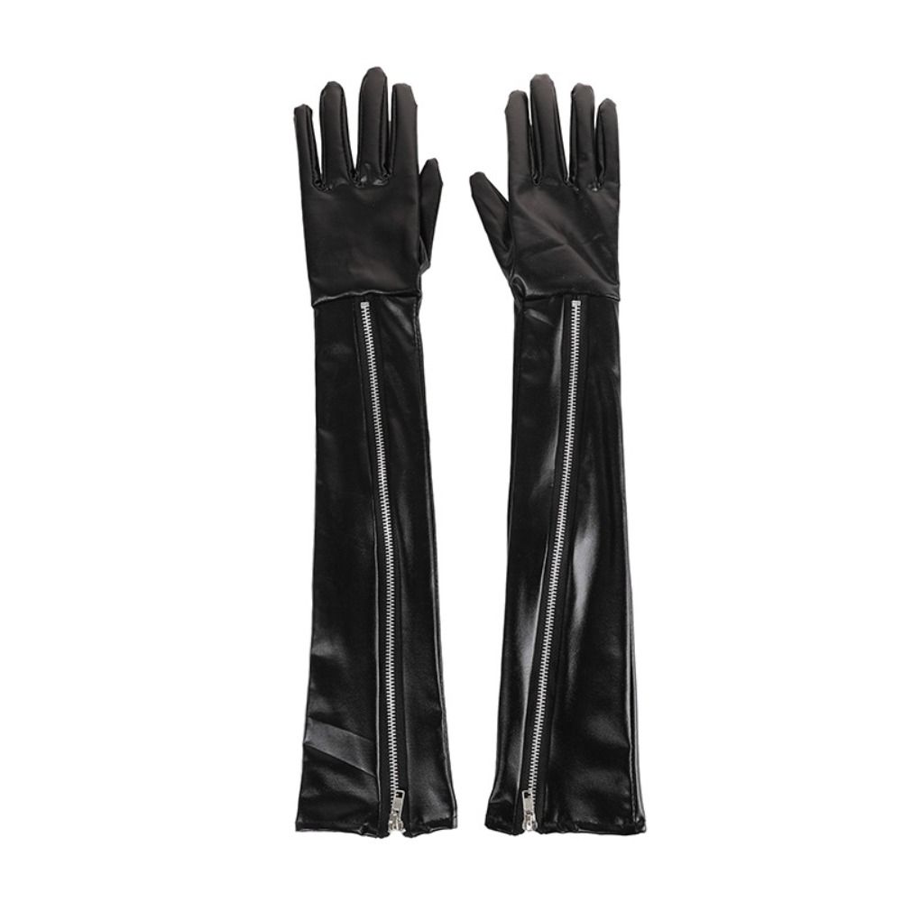 Elastic Patent Leather Black Gloves Shiny Women Gloves Zipper Long Gloves  Halloween Cosplay