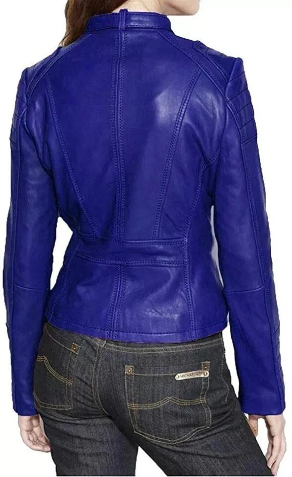 Women's Designer Blue Genuine Real Sheepskin Handmade  Leather Jacket Party Wear Coat