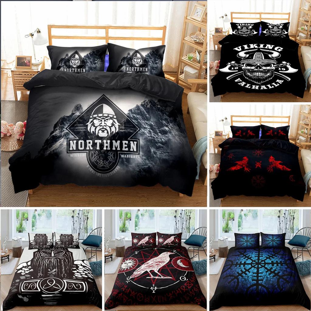 Viking Duvet Cover Set King/Queen Size Slate Blue Mjolnir Pattern Bedding Set Northern Germanic Culture Polyester Quilt Cover