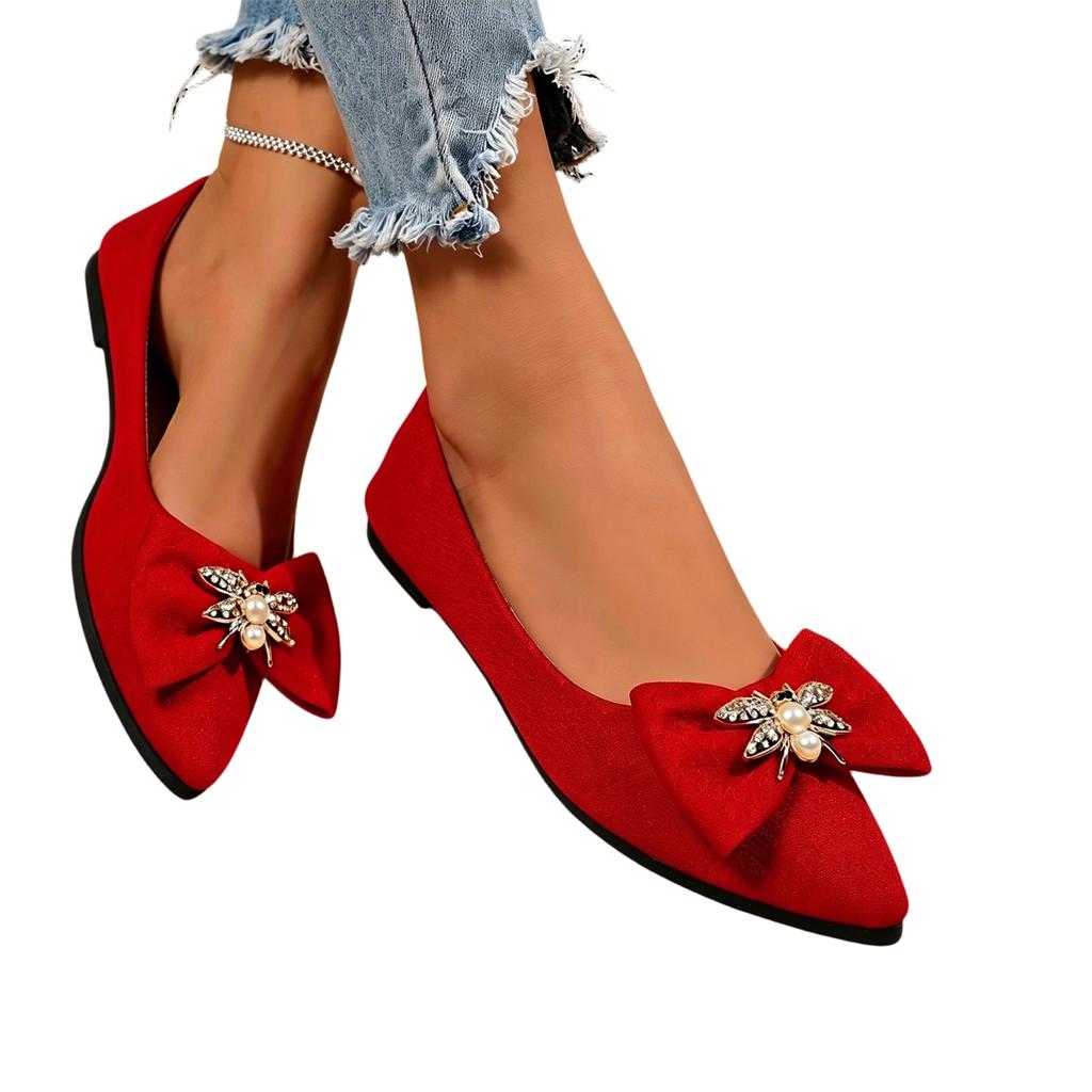 Women Casual Loafers Slip On Flats Pointed Toe Bowknot Decoration Rhinestone Embellishment Comfortable Large Size Footwear