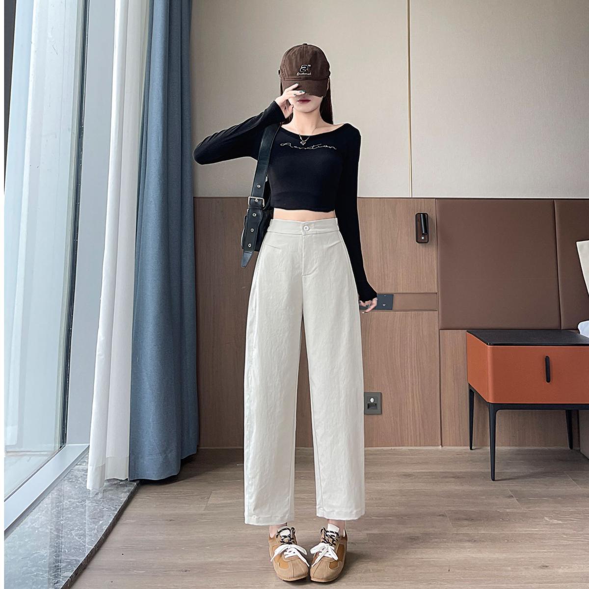 

2026 Spring Collection: High-Waisted Narrow-Leg Slimming Pants for Petites - Cropped Eight-Ninth Length, Drapey and Casual. M (95-105cm)