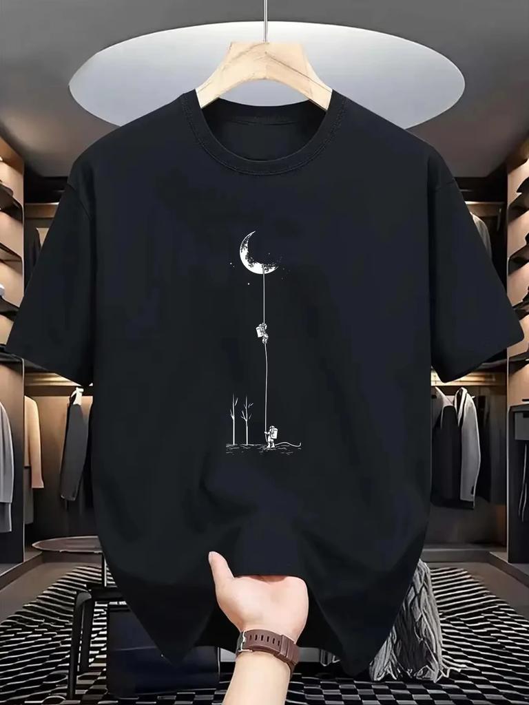 2025 Summer men's 100_ pure cotton casual loose fit plus size moon landing pattern printed round neck short sleeved T-shirt top