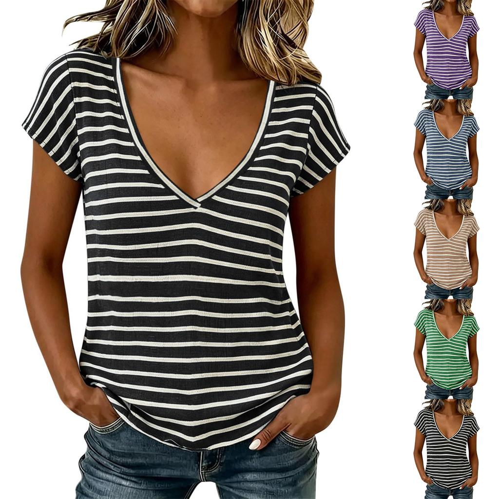 Women Casual V Neck Short Sleeve T Shirt Striped Pattern Lightweight Soft Fabric Summer Top