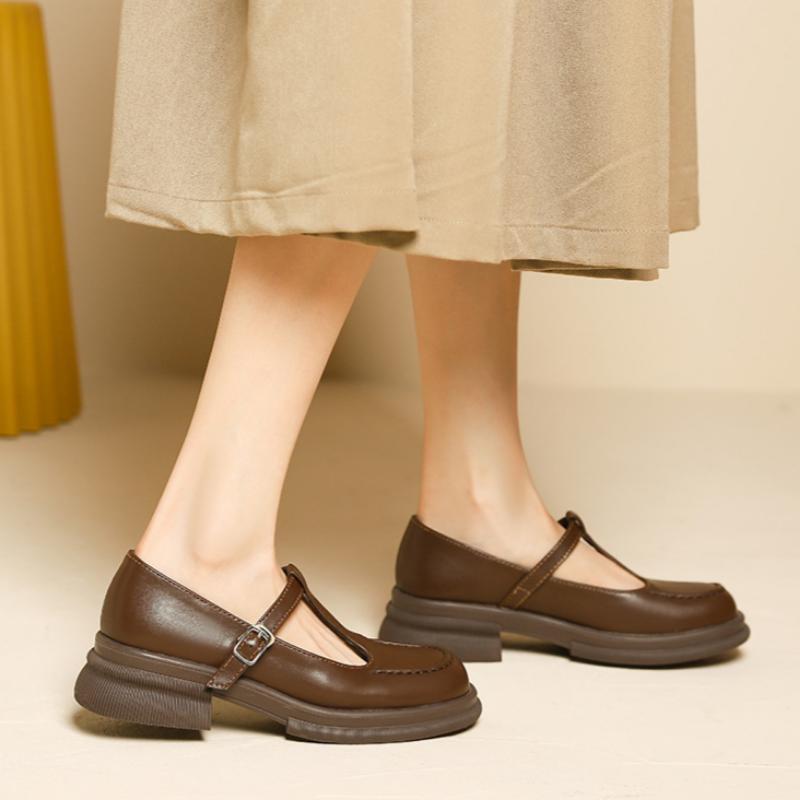 Zapatos Casuales de Cuero de Boca Baja y Tacón Medio con Suela Gruesa para Mujer