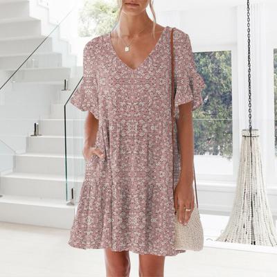 Women Summer Floral Midi Dress Casual V-Neck Ruffle Short Sleeve Flowy Dress Boho Beach Vacation Sundress