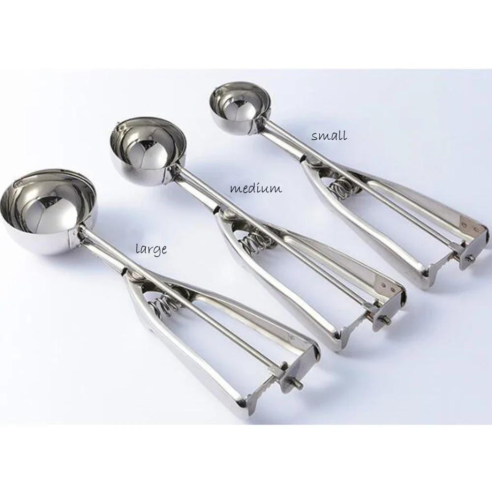 New Kitchen Ice Cream Mash Potato Scoop Stainless Steel Spoon Spring Handle Kitchen Accessories Wholesale 3 Size for Choose