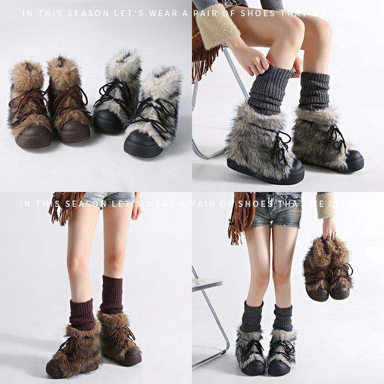 Big head thick-soled snow boots women's 2025 new winter plush thickened fluffy short boots wear warm cotton shoes