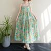 2025 Summer Cotton Linen Patchwork Long Dress: Slimming, Loose Fit, Printed, Large Hem