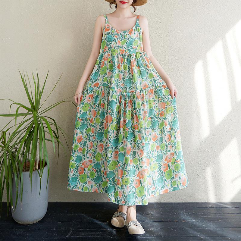 2025 Summer Cotton Linen Patchwork Long Dress: Slimming, Loose Fit, Printed, Large Hem