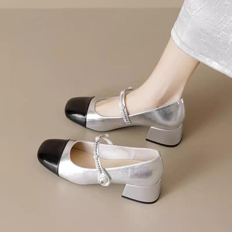 Increase the height of Mary Jane's small leather shoes to show the legs, spring and autumn niche design, pearl rectangular