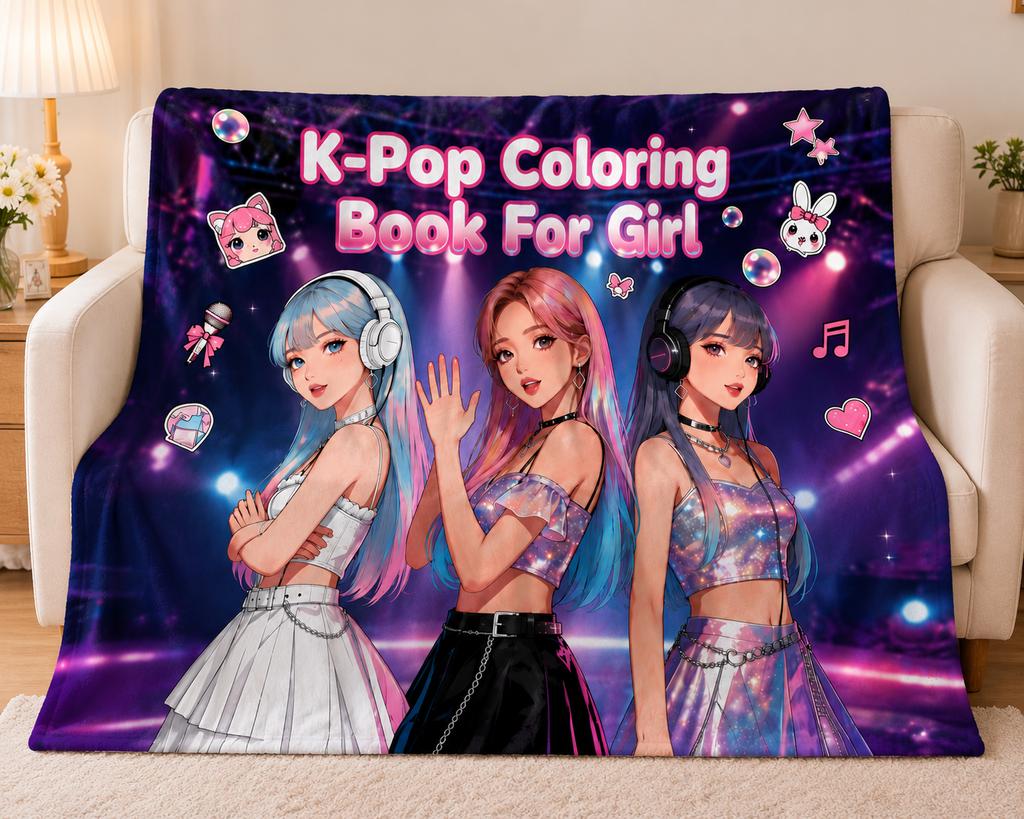 K-Pop Girls Print Throw Blanket, Soft Warm Blanket for Bedroom Living Room Sofa, Kawaii Anime Style Home Decor Gift