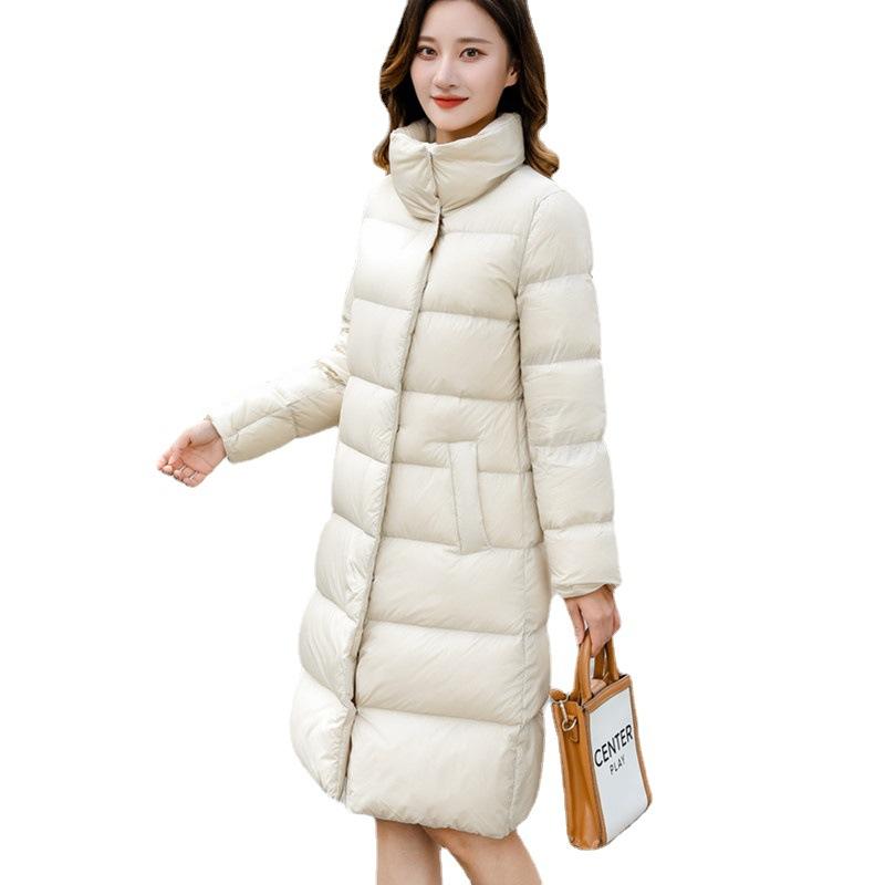 2024 Winter neue Daunenjacke für Damen, mittellang und lang, modischer Stehkragen, ausländischer Stil, verdickter weißer Entendaunen-Lockermantel