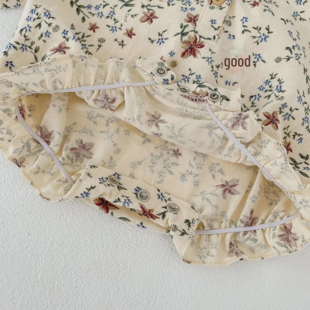 Autumn 2024 Baby Girl Cotton Romper: Printed, Lapel, Puff Sleeves, Long Sleeve, Loose Fit, Triangle Design for Crawling.