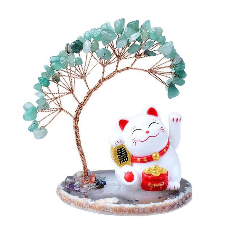 Solar Energy Shake Hands Lucky Cat Base Fate Tree Office Home Natural Crystal Crushed Stone Life Tree Handwoven Weaving Decor