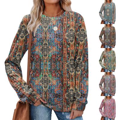 Fashionable Women's Long Sleeved Retro Printed Lightweight Sweater With Loose Round Neck Top