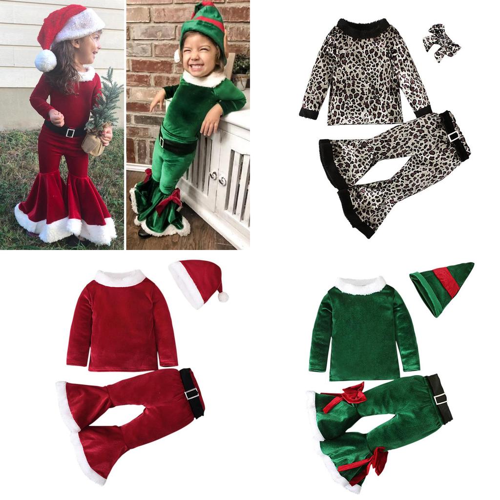 Christmas Unisex Children Long Sleeved Top Flared Pants Hat Sets Costume Makeup