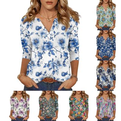 Women's Casual Fashion Sexy Comfortable V-Neck Floral Seven Sleeve Top