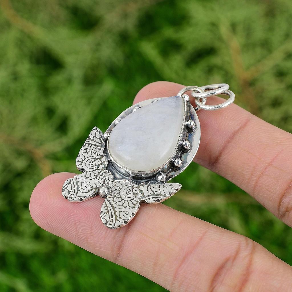 Daughters Day Sale 925 Silver Rainbow Moonstone Gemstone Wedding Artisan Pendant