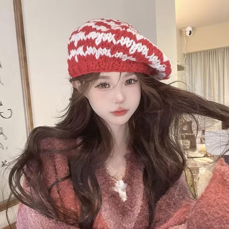 Retro contrasting stripes thick knitted beret women's autumn and winter versatile wool painter hat children's parent-child warm hat