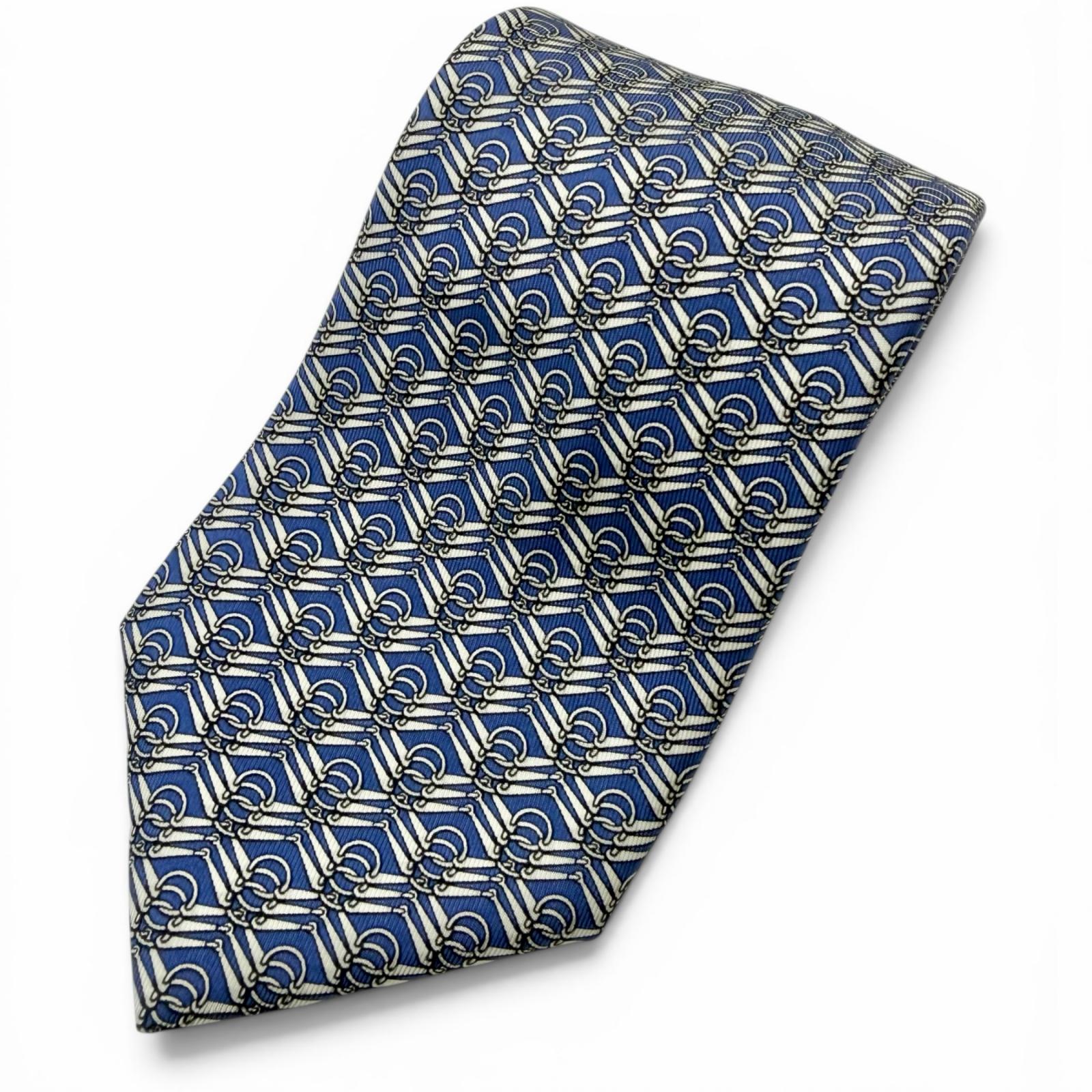 Excellent HERMES tie Horsebit all-over pattern blue silk Used