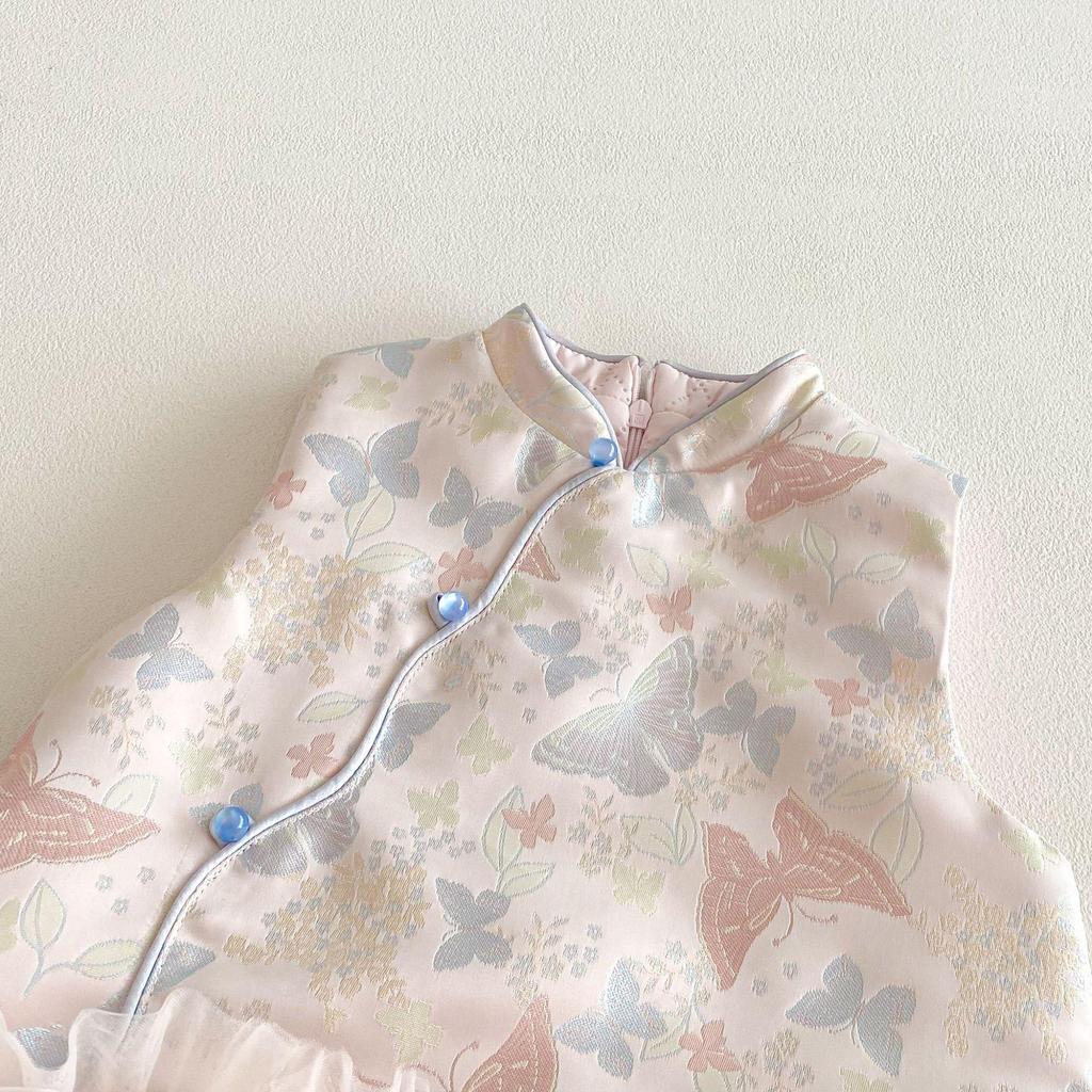 2025 Girls' Chinese Style Layered Winter Dress with Oblique Collar - Retro New Year Outfit